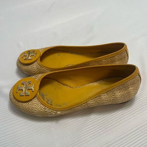 Tory Burch Reva Raffia Woven Yellow Straw Flats Size 6 - Picture 7 of 10